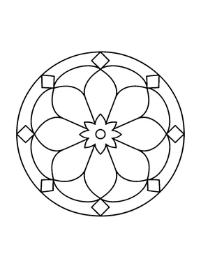 A round mandala with a star-shaped flower center, large teardrop petals, circular rings, and diamond shapes around the edge.