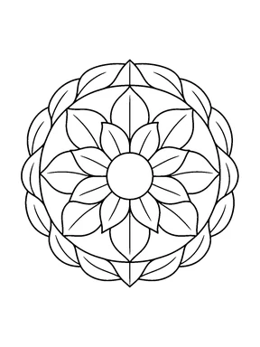 A round mandala with a small flower center, pointed leaves in the middle, and a braided ring of leaves around the outside.