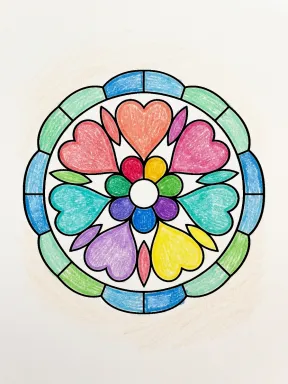 Heart Petal Mandala Coloring Page colored with AI in crayon style