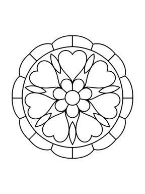A round mandala with a small flower center, heart-shaped petals, pointed leaves, and a segmented scalloped outer ring.