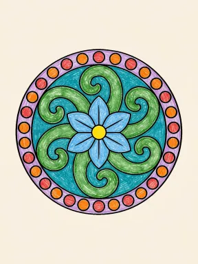 Spiral Flower Mandala Coloring Page colored with AI in crayon style