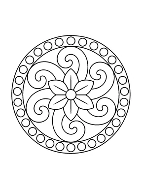 A round mandala with a simple flower, curved spiral shapes, a ring of small circles, and a plain outer outline.