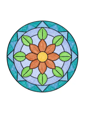 Geometric Leaf Flower Mandala Coloring Page colored with AI in crayon style