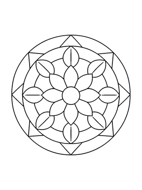 A round mandala with a large flower, pointed leaves, circular bands, and a border of connected triangles.