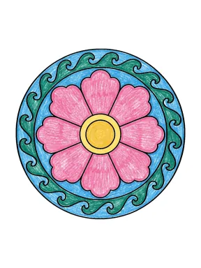 Scallop Petal Mandala Coloring Page colored with AI in crayon style