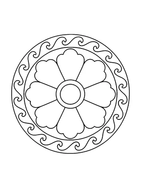 A round mandala with broad scalloped petals, a double-ring center, and a curling wave border.