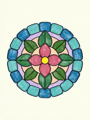 Leaf and Pebble Mandala Coloring Page colored with AI in crayon style