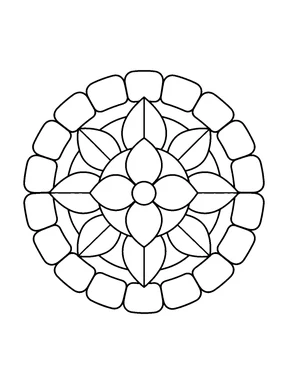 A round mandala with a small flower, pointed leaves, curved inner bands, and a ring of rounded pebble shapes.