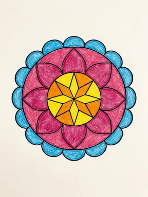 Star Flower Mandala Coloring Page colored with AI in crayon style