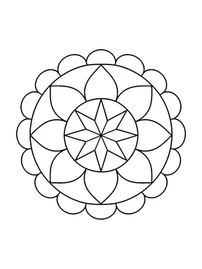 A round mandala with a star-shaped flower center, large pointed petals, curved bands, and a scalloped outer edge.