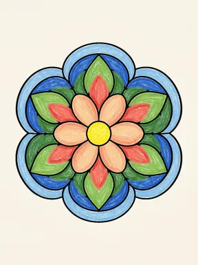 Looped Leaf Flower Mandala Coloring Page colored with AI in crayon style