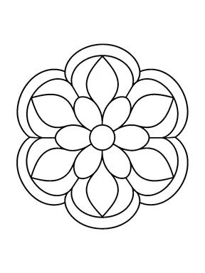 A round mandala with a small circular flower center, broad leaf-shaped petals, and large rounded loops around the edge.