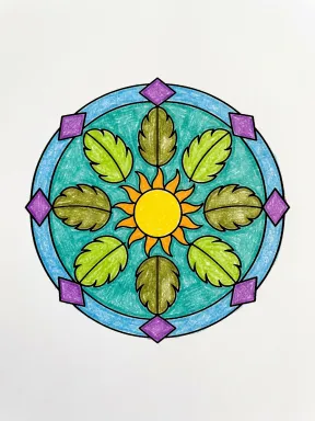 Leaf and Diamond Sun Mandala Coloring Page colored with AI in crayon style