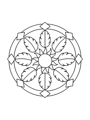 A round mandala with a plain sun center, broad veined leaves, circular bands, and diamond shapes around the outside.