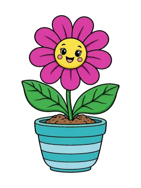 Smiling Daisy in a Striped Pot Coloring Page colored with AI in marker style