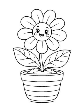 A cheerful daisy with large eyes, a smiling face, broad veined leaves, and a striped flowerpot filled with a little scalloped soil.
