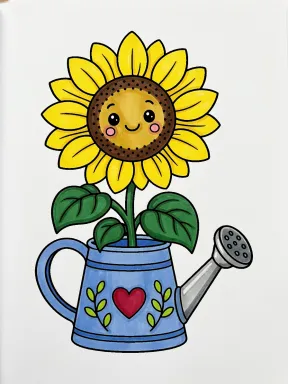 Smiling Sunflower with a Watering Can Coloring Page colored with AI in marker style