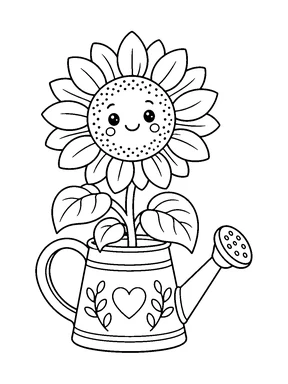 A smiling sunflower with dotted center details and broad leaves grows from a decorated watering can with a large handle and long spout.