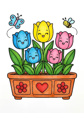 Smiling Tulips with Garden Visitors Coloring Page colored with AI in marker style