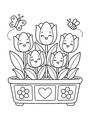 Five smiling tulips with broad leaves fill a decorated planter, with a butterfly and a bee hovering above on dotted flight paths.