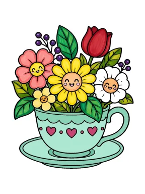 Smiling Flower Bouquet in a Teacup Coloring Page colored with AI in marker style