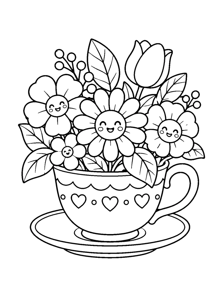 A cheerful mix of smiling flowers, a tall tulip, round buds, and leafy sprigs arranged in a heart-decorated teacup on an oval saucer.