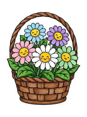 Smiling Daisies in a Woven Basket Coloring Page colored with AI in marker style