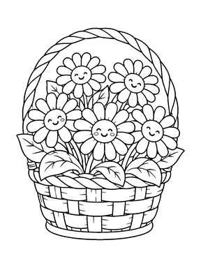 Five smiling daisies with broad leaves fill a woven basket framed by its tall, diagonally striped handle.