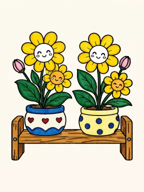 Smiling Flowers on a Garden Bench Coloring Page colored with AI in marker style