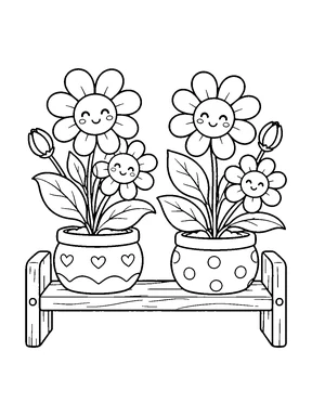 Two flower pots with smiling blooms, buds, heart and dot patterns sit on a wooden bench.