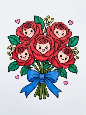 Smiling Rose Bouquet with a Ribbon Coloring Page colored with AI in marker style