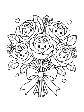 Smiling roses, small filler blossoms, and broad leaves form a bouquet tied with a large ribbon.