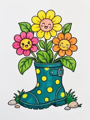 Cheerful Flowers in a Rain Boot Coloring Page colored with AI in marker style