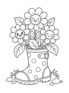 Three smiling flowers and broad leaves grow from a dotted rain boot among grass and stones.
