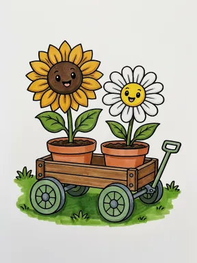 Smiling Flowers in a Garden Cart Coloring Page colored with AI in marker style