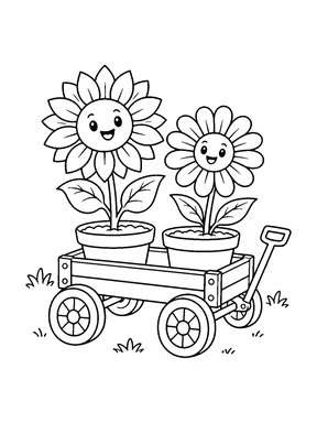 Two smiling flowers in separate pots ride in a wooden garden cart with large wheels and a handle.