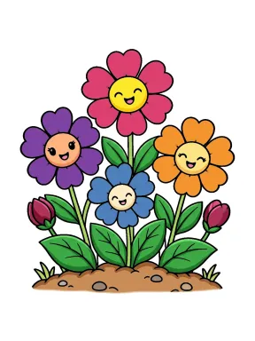 Heart-Petal Flowers in a Garden Patch Coloring Page colored with AI in marker style