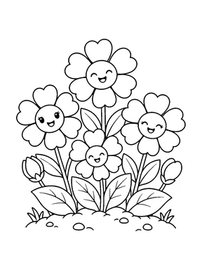 Four smiling open flowers and two buds rise from a small mound among leaves, stones, and grass.