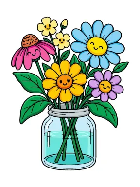 Smiling Flowers in a Glass Jar Coloring Page colored with AI in marker style
