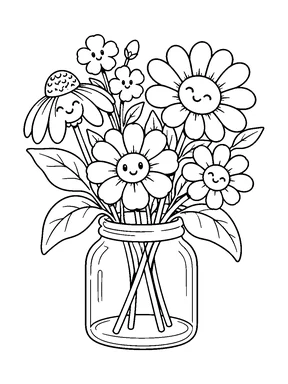 A glass jar holds smiling flowers, small blossoms, and buds among long stems and leaves.