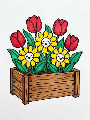 Happy Flowers in a Wooden Planter Coloring Page colored with AI in marker style
