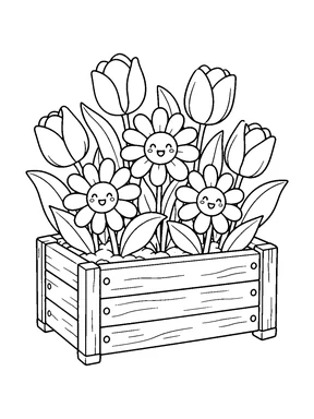 Smiling flowers and closed buds grow from a wooden planter filled with soil and long leaves.