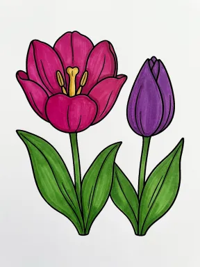Open Tulip and Closed Bud Coloring Page, colored example