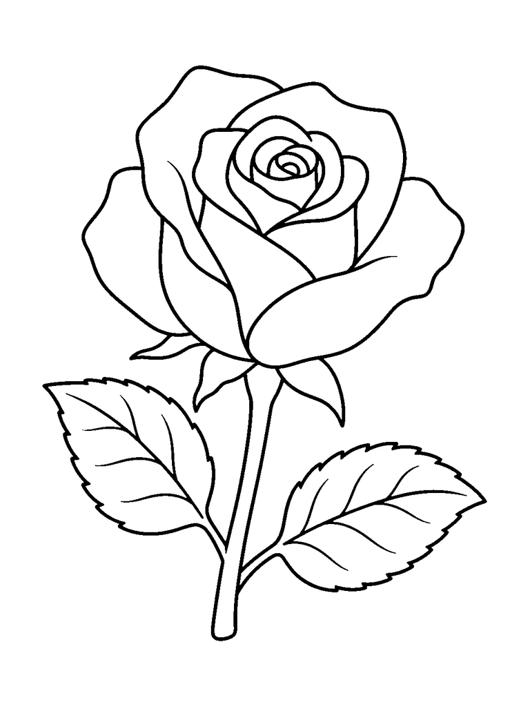 A rose with curled inner petals, broad overlapping outer petals, a short stem, and two large serrated leaves.