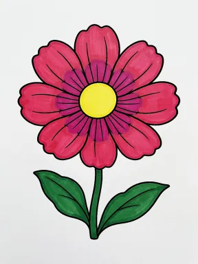 Scalloped Cosmos with Wide Leaves Coloring Page colored with AI in marker style