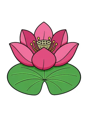 Lotus above a Broad Leaf Coloring Page colored with AI in marker style