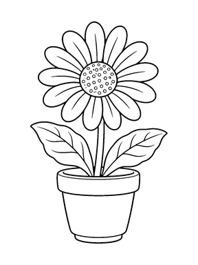 One large daisy with a dotted round center, long upright stem, two broad veined leaves, and a plain tapered pot with a rim and small base.
