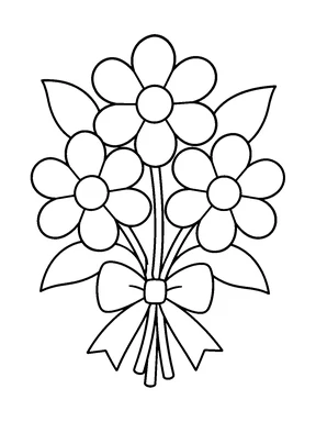 A simple bouquet of three large open flowers with round centers, broad leaves, visible stems, and a large ribbon bow beneath the blooms.