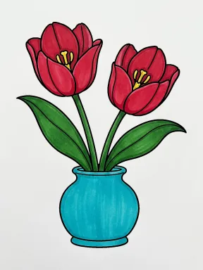 Two Tulips in a Round Vase Coloring Page colored with AI in marker style