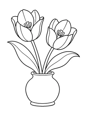 Two open tulips with visible stamens and broad curved leaves stand in a round vase with a narrow rim and raised base.